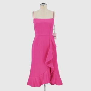 AMUR Ashley Dress Size 2 Linen Pink Satin Ruffle Wedding Guest Feminine Romantic
